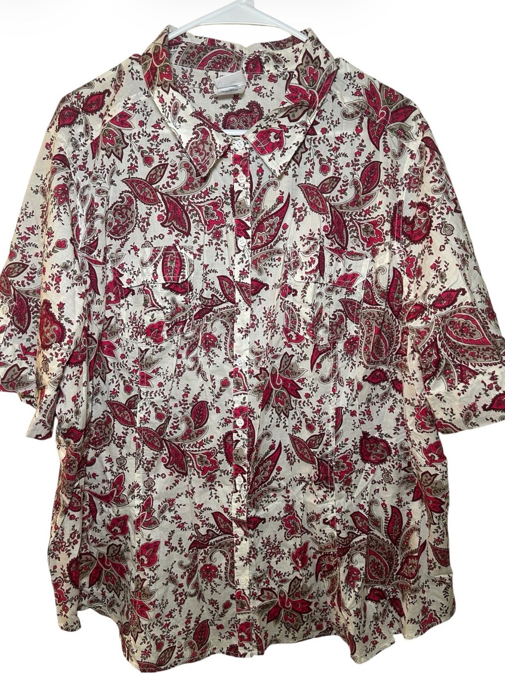 Just My Size Womens Plus Size Casual Button Up Shirt Cream Red Paisley Print 3X